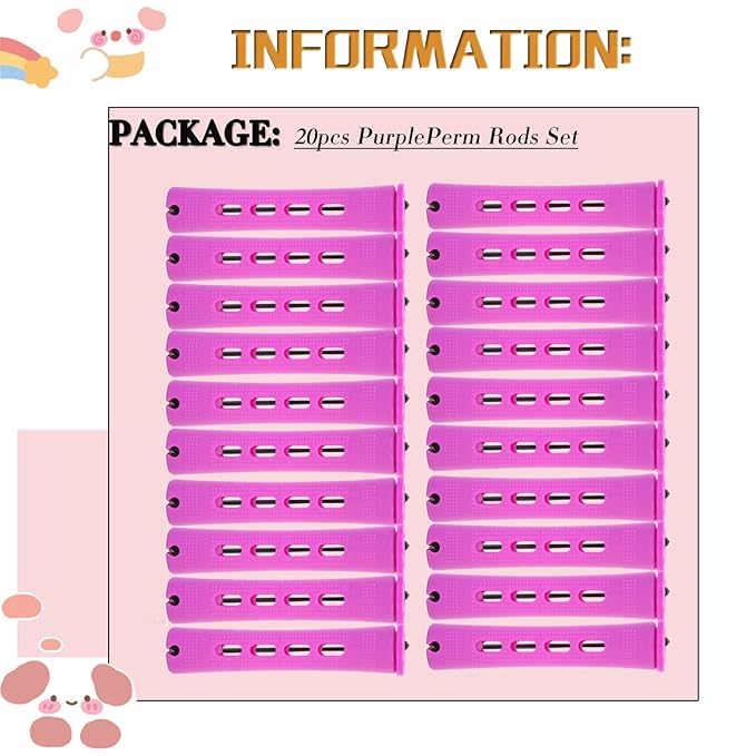 YOROSTAR 20pcs Purple Plastic Perm Rods Set for Natural Hair Cold Wave Rods Hair Rollers for Long Short Women's Hair DIY Hairdressing Tools