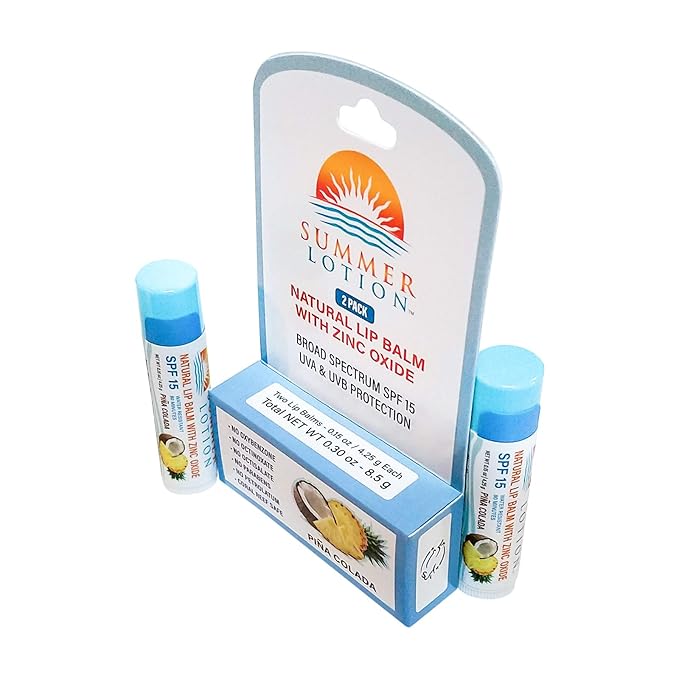 Natural Lip Balm with Zinc Oxide Sunblock by Summer Lotion, SPF 15 Lip Sunscreen 2-Pack, Water Resistant Chapstick, SPF Lip Protection for Everyone, (Pina Colada)