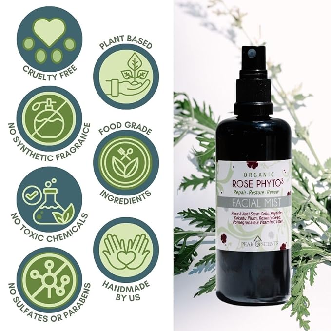 Organic & Vegan Rose Phyto³ Water Facial Spray - Moisturizing Face Mist & Setting Spray, Soothing, Hydrating Mist Rose Water For Face - Great for Facial Massaging (4 oz)
