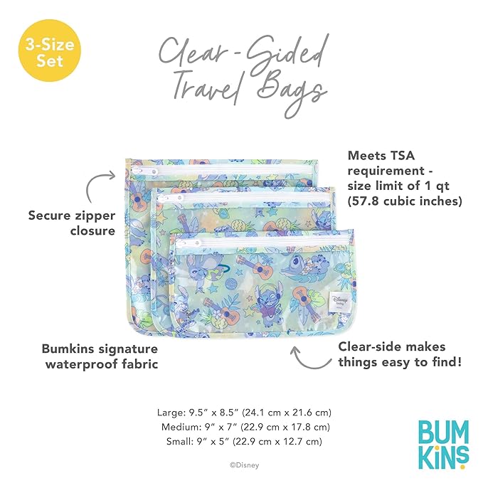 Bumkins Disney Travel Bag, Toiletry, TSA Approved Pouch, Zip Bag, Quart Size Airline Compliant, Clear-Sided, Baby, Diaper Bag Organization, Makeup, Accessories, Packing, Set of 3 Sizes, Aloha Stitch