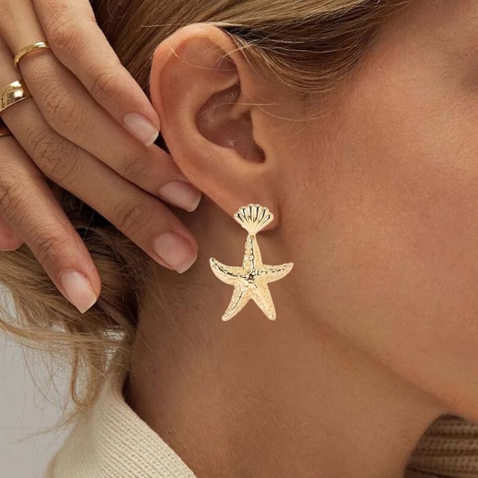 Vintage Starfish Dangle Earrings Starfish Drop Earrings Gold Metal Seashell Stud Earrings Hammered Starfish Earrings Jewelry for Women