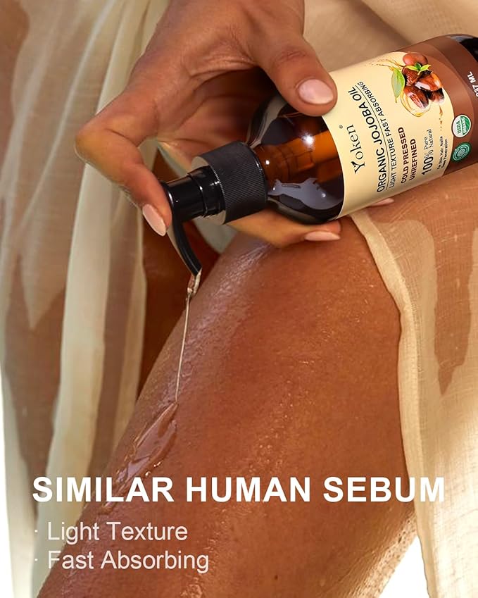 Yoken Organic Jojoba Oil Glass Bottle 8 fl oz, USDA Certified 100% Pure & Natural Jojoba Oil for Hair, Skin & Face, Cold Pressed Unrefined Hexane Free, Deeply Moisturizing Body Serum Oils for Gua Sha