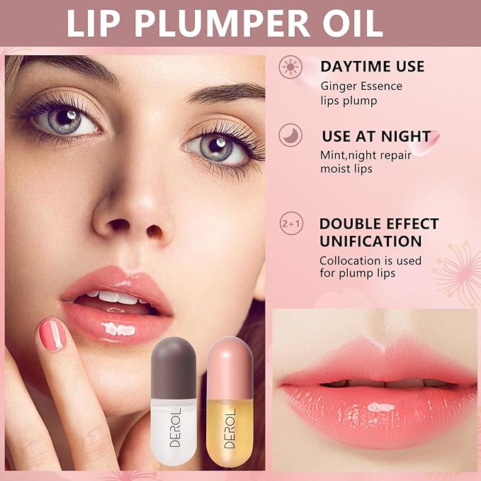 DEROL 2Pcs Natural Lip Plumper, Plant Extracts Plumping Lip Serum, Lip Enhancer Including Day and Night Lip Plumping Balm, Lip Care Serum for Fuller & Hydrated Sexy Lip (5.5MLX2)