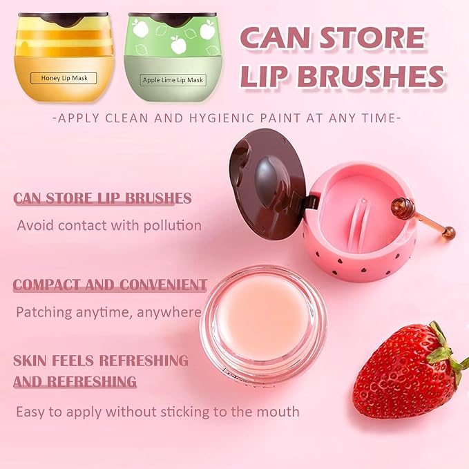 Bee Lip Balm Honey Pot,3 PCS Strawberry&Honey&Apple Lime Lip Sleeping Mask,Hydrating Prevention Dry and Cracked Lip Scrubs Exfoliator Lip Care,Moisturizing Lip Mask Overnight Reduces Lip Lines
