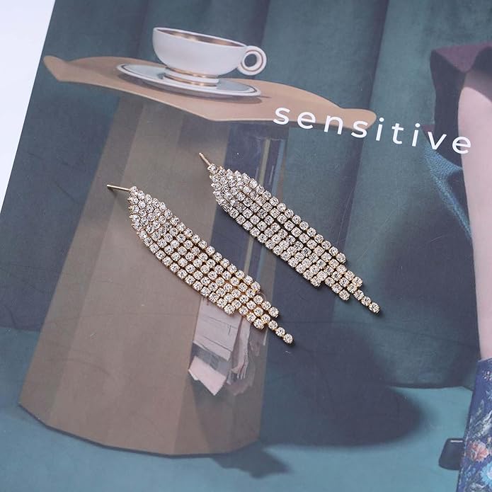 Vintage Rhinestone Chandelier Tassel Earrings Crystal Chain Drop Earrings Gold Long Tennis Chain Earrings Shine Chandelier Bridal Earrings Jewelry for Women
