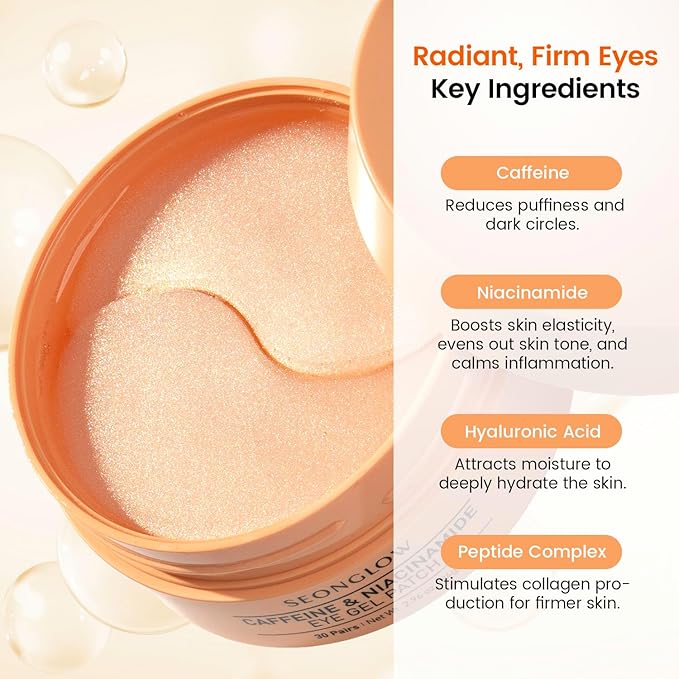 Caffeine Under Eye Patches: 30 Pairs Korean Hydrogel Eye Masks for Dark Circles Puffiness Relief with Niacinamide Hyaluronic Acid - Undereye Brightening Hydrating Anti-Wrinkle Treatment