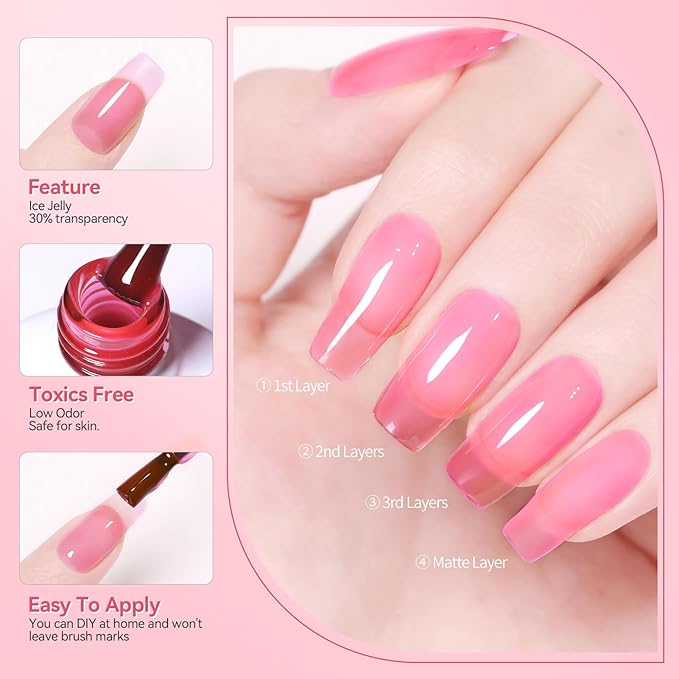 BORN PRETTY Jelly Gel Nail Polish Set,Sheer Nude Pink Natural Color Ice Transparent Tranlusent Gel Polish Kit for Salon Manicure and Nail Art DIY at Home 6PCS 7ml
