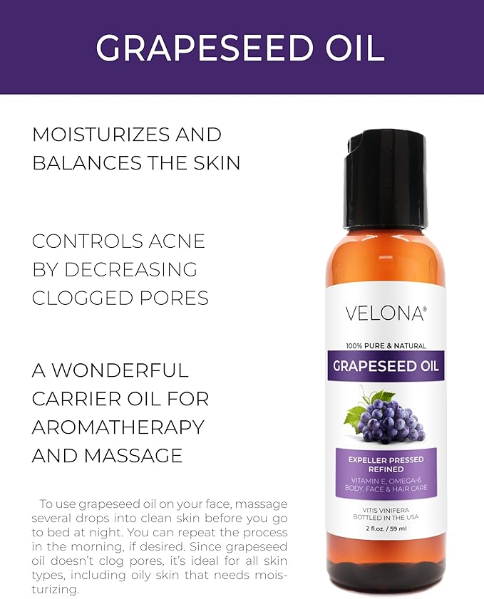 Grapeseed Oil by Velona - 2 fl oz | 100% Pure and Natural Carrier Oil | Refined, Cold Pressed | Cooking, Skin, Face, Body, Hair Care | Use Today - Enjoy Results