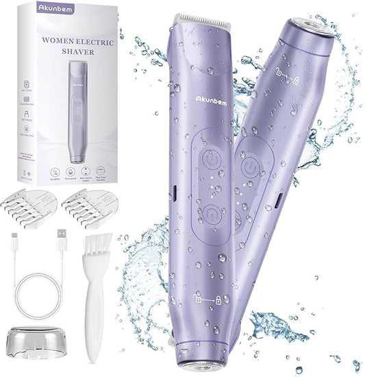 2 in 1 Women Electric Shaver Dual Head Bikini Trimmer for Women IPX7 Waterproof Wet & Dry Use Body Hair Trimmer and Facial Hair Remover for Bikini Underarm Leg Arm Body Face, Purple