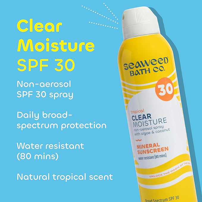 Seaweed Bath Co. Clear Moisture Mineral SPF 30 Broad Spectrum Sunscreen Spray, 6 Ounce, Sustainably Harvested Seaweed, Algae, Coconut