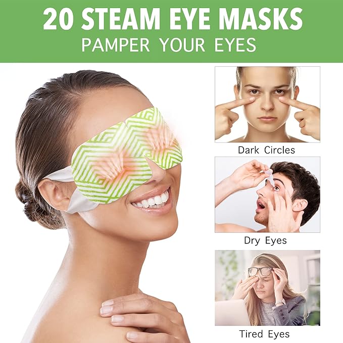 Steam Eye Masks, 20 Packs Heated Eye Mask for Dry Eyes, Puffy Eyes, Dark Circles, Disposable Moist Warm Eye Mask for Sleeping, Relief Eye Fatigue Hot Sleep Eye Mask, Unscented