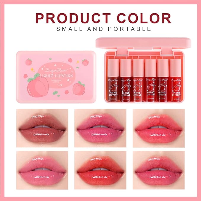 6 Colors Lip Tint Stain Set, Korean Lip Tint, Multi-use Lip and Cheek Tint Watery Lip Stain Long Lasting Waterproof, Lightweight, Non-sticky, High Pigment (Peach)