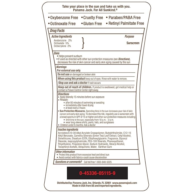 Panama Jack Sunscreen Suntan Lotion - SPF 15, Broad Spectrum UVA/UVB Protection, PABA, Paraben, Gluten & Cruelty Free, Water Resistant (80 Minutes), 6 FL OZ