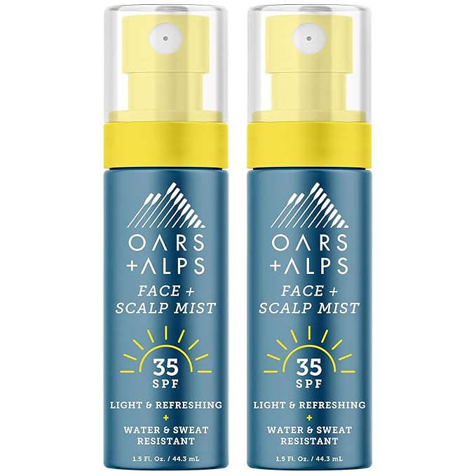 Oars + Alps Face & Scalp Sunscreen Spray Mist, SPF 35 Facial & Hair Sunscreen, Protects from Blue Light, Incfused with Aloe Vera + Cucumber, Water & Sweat Resistant, Summer Splash Scent, 2pk