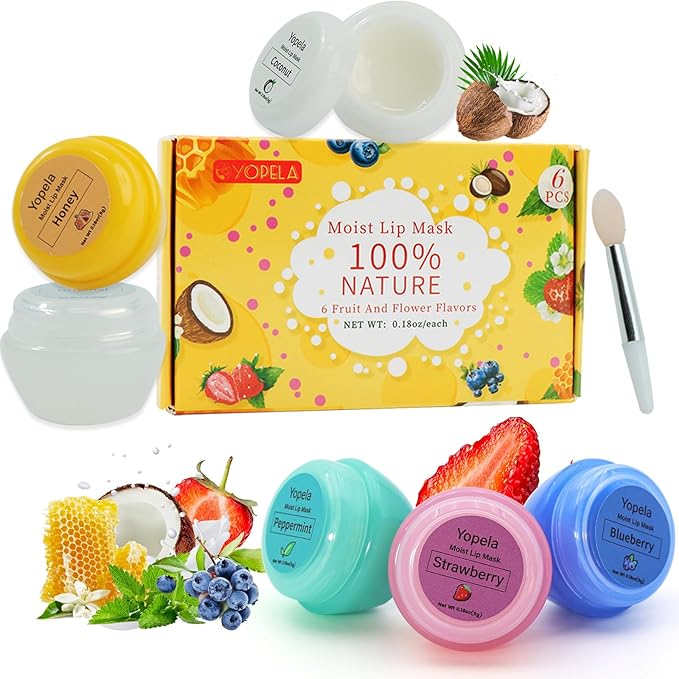 6 Pack Cute Lip Mask Sleeping Overnight for Dry Lips with Coconut Oil and Beeswax -Smoothing Hydrating Softening Plumoing Moisturizing with Small Lip Brush 6 Flavors 0.18 oz