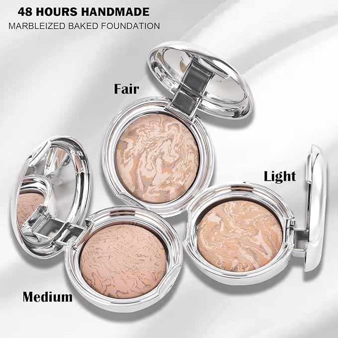 Marbleized Baked Foundation Makeup, Balance and Brighten Color Correcting Powder Foundation - Buildable Light to Medium Coverage - Demi-Matte Natural Finish (#001 FAIR, 0.32 Oz)