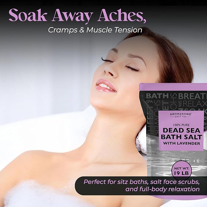 Aromasong Pure Dead Sea Salt for Soaking with 100% Natural Lavender, 19 LB - Spa Bath Salt Fine Grain - Body Wash Scrub - Soak for Women & Men- Bulk Resealable Pack