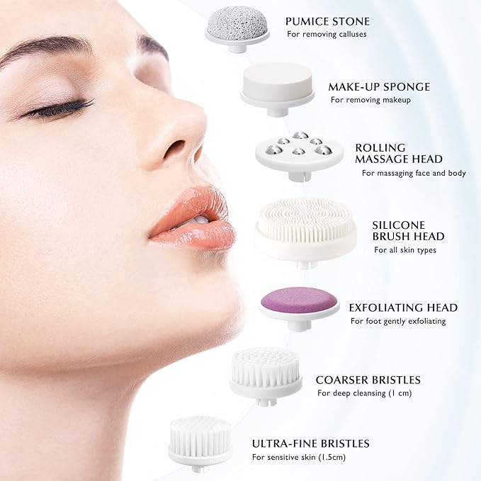 COSLUS Facial Cleansing Brush Silicone Face Scrubber: 7 in 1 FBS-D Electric Exfoliating Rotating Massage Device Waterproof Deep Cleaning Exfoliation Spa Machine - Electronic Skin Care Wash System