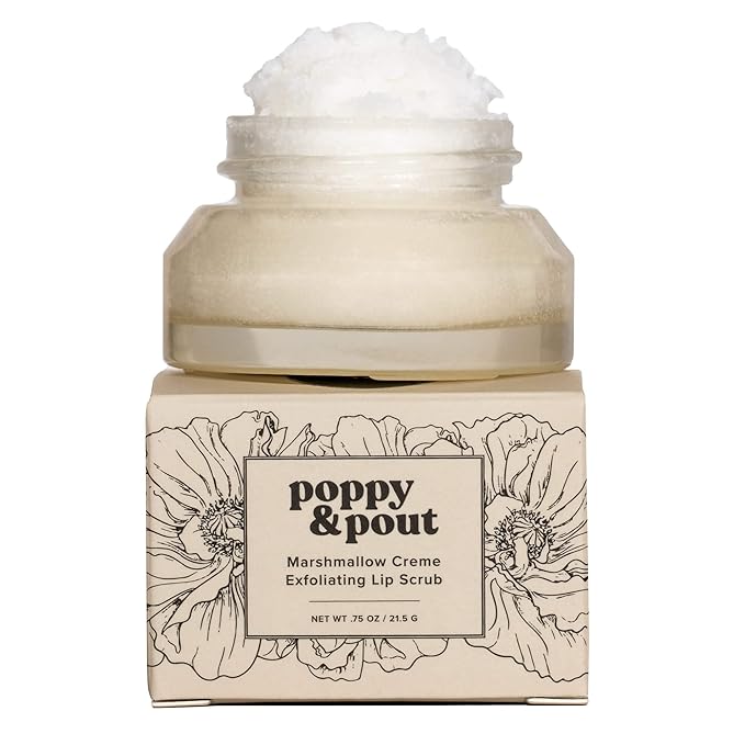Poppy & Pout Natural Lip Scrub, Moisturizing Sugar Scrub for Dry Lips, Lip Scrubber Exfoliator with Essential Oils Smooths and Hydrates Lips, In Recyclable Glass Jars, Cruelty Free - Marshmallow Creme