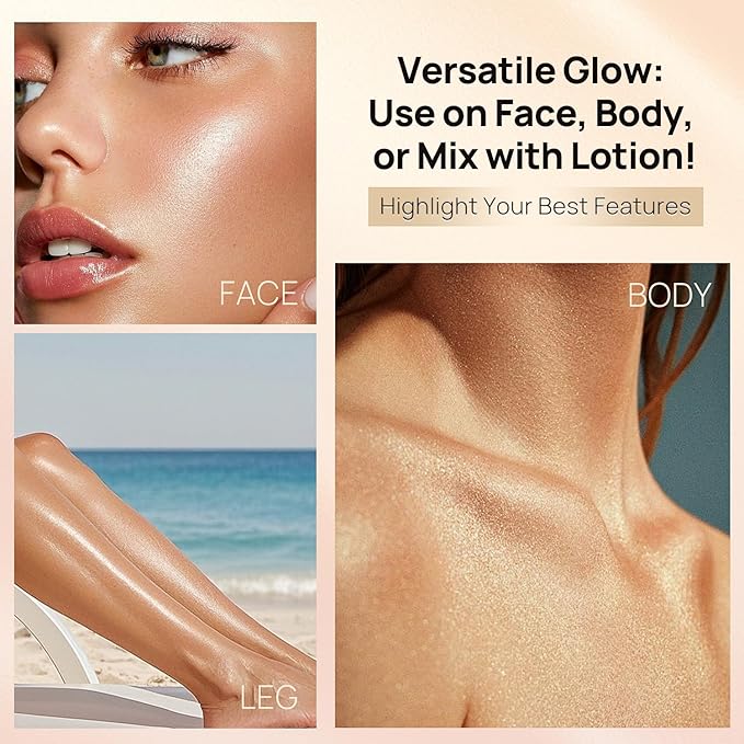 Body Shimmer Oil, 50ml Sunscreen Liquid Highlighter Bronzer Body Glitter Oil Long Lasting Moisturizing Makeup Lotion Illuminate Serum Glow Shimmer Skin 1.7 Fl Oz（Shining White #03）