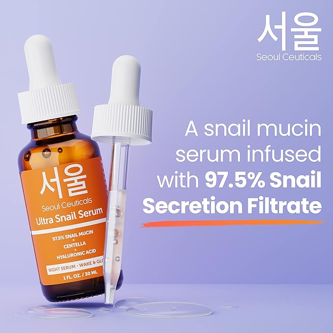 SeoulCeuticals Korean Skin Care 97.5% Snail Mucin Serum – K Beauty Skincare Night Serum Hyaluronic Acid for Face - Centella Anti Wrinkle Serum 1oz