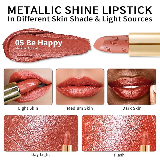 Oulac Coral Orange Lipstick for Women with Metallic 3D Shine Lightweight Hydrating Formula, High Impact Lip Color, Vegan Beauty, Full Coverage Lip Makeup, Christmas Gifts for Women, Be Happy(05)