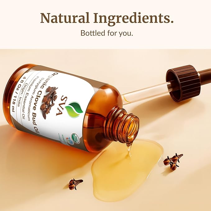 SVA Clove Essential Oil Organic – 4 Fl Oz – 100% Natural Organic Clove Oil - for Diffuser, Hair Care, Face, Skin Care, Aromatherapy, Scalp and Body Massage, Soap and Candle Making - with Dropper