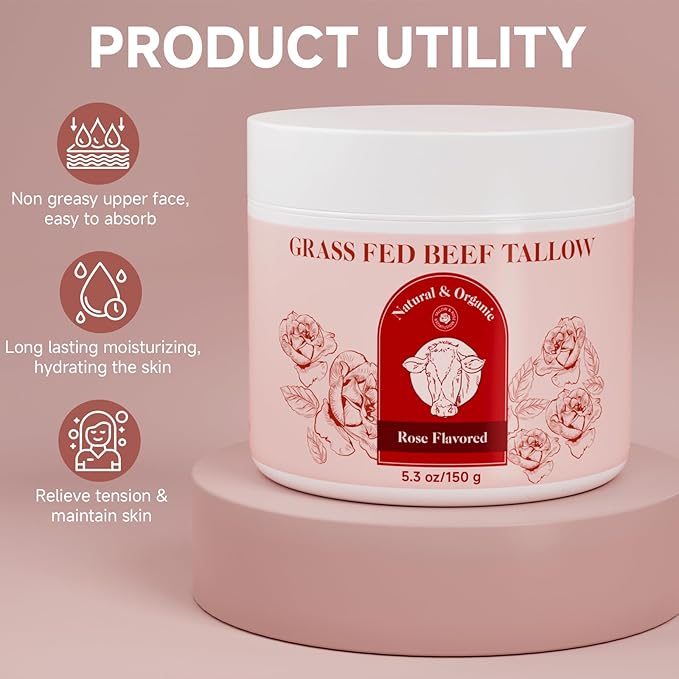 Beef Tallow for Skin, Whipped Beef Tallow For Skin, Tallow Face Moisturizer, Rose-Flavoured Whipped Tallow Face Cream Moisturizer Beef Tallow Blam Grass Fed Body Lotion Skin Care, 5.3 OZ