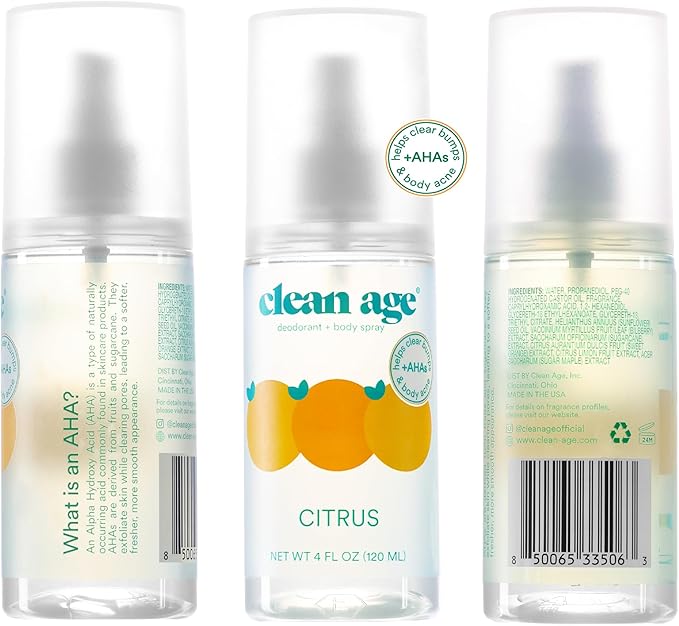 Aluminum Free Deodorant & Body Spray for Whole Body - Citrus 4oz - Clean Deodorant and Body Spray for Teen Boys and Girls -With AHA Fights Body Acne-Formula Specific Body Spray for Teens