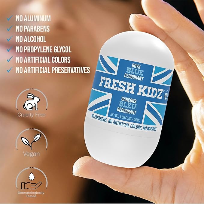 Fresh Kidz Roll On Deodorant for Kids and Teens - Baking Soda and Aluminum-free 24 Hour Protection for Sensitive Skin - Boys "Blue" 1.86 fl.oz. (3 Pack)