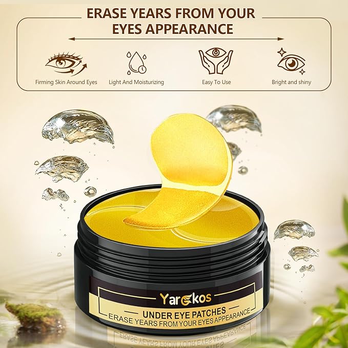 60 Pcs 24K Gold Under Eye Patches, 30 Pairs Undereye Mask for Dark Circles Puffy Eyes Treatment, Collagen Gel Pads Hydrating for Puffiness Wrinkle Eye Bags, Women Men Beauty Skin Care Products