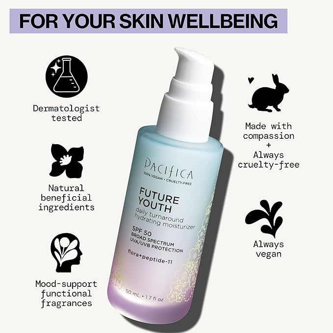 Pacifica Peptide Face Moisturizer Future Youth Daily Turnaround Hydrating, SPF 50 Broad Spectrum, UVA/UVB Sun Protection, Sunscreen, Face Moisturizer, Anti-Aging, Vegan, 1.7 fl oz (1 Count)