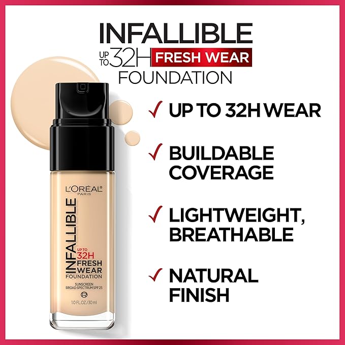 L'Oreal Paris Makeup Infallible Up to 32 Hour Fresh Wear Lightweight Foundation, 415 Rose Ivory, 1 Fl Oz, Packaging May Vary
