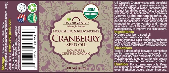 US Organic Cranberry Seed Oil, USDA Certified Organic,100% Pure & Natural, Cold Pressed Virgin, Unrefined in Amber Glass Bottle w/Glass Eyedropper for Easy Application (1 oz (30 ml))
