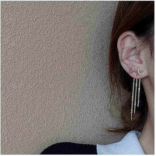Boho Star Ear Jacket Earrings Gold Thin Bar Tassel Earrings Long Drop Chain Earrings Two Way Double Sided Earrings Jewelry for Women and Girls