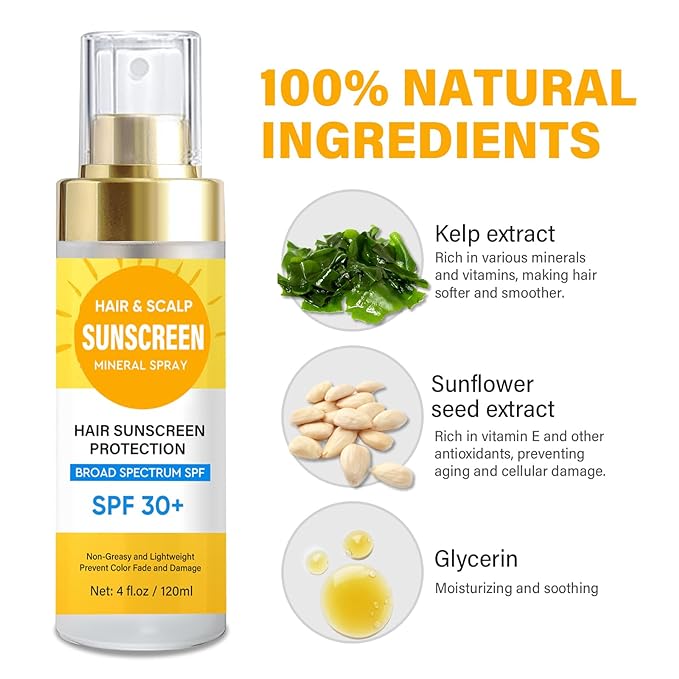 Scalp Sunscreen Spray, Hair Sunscreen Spray SPF 30 for Color Fade & Dryness, Prevent Harmful UV Rays, Scalp Not Greasy & More Comfortable, 120ML