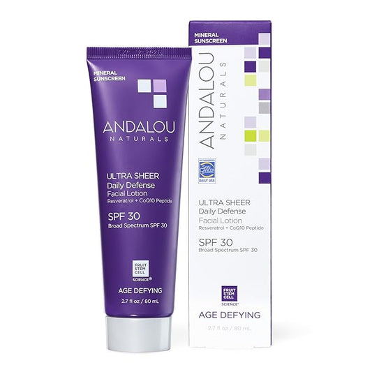 Andalou Naturals Age Defying Face Sunscreen, SPF 30 Zinc Oxide Mineral Sunscreen, Ultra Sheer Daily Defense Face Lotion, Helps Hydrate Skin, Gentle & Lightweight - 2.7 Fl. Oz.