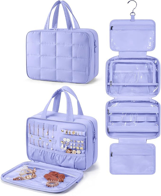 BAGSMART Travel Toiletry Bag with Jewelry Organizer, Hanging Travel Bag for Toiletries, Puffy Makeup Cosmetic Bag Organizer, Carry-on Travel Accessories Essentials, Purple-L