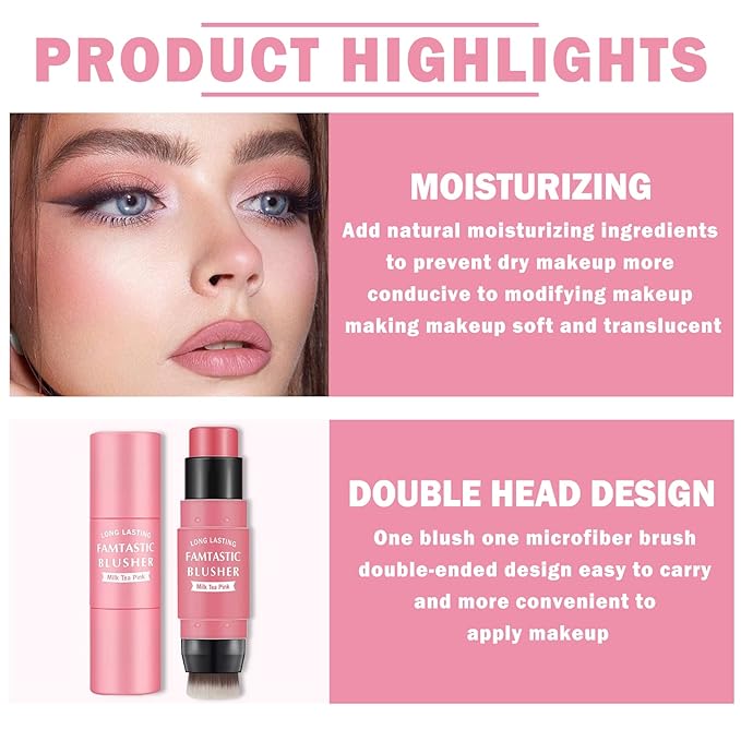 Cream Blush Stick with Brush,Waterproof Blush Makeup,Long Lasting Cherry Pink