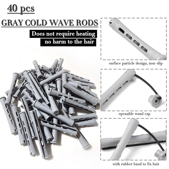 Perm Rods Set for Short Natural Hair 40pcs Gray Plastic Cold Wave Rods Hair Curling Rollers with Steel Pintail Comb Rat Tail DIY Hairdressing Tools（40pcs Gray）