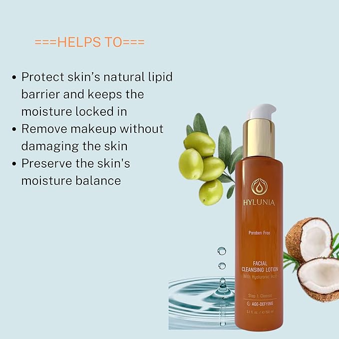Hylunia Skincare Gentle Cleansing Lotion 5.1 oz with Hyaluronic Acid & Olive Oil Squalene – Hydrating, Non-Drying, pH Balanced Facial Cleanser for Sensitive & Mature Skin, Makeup Remover