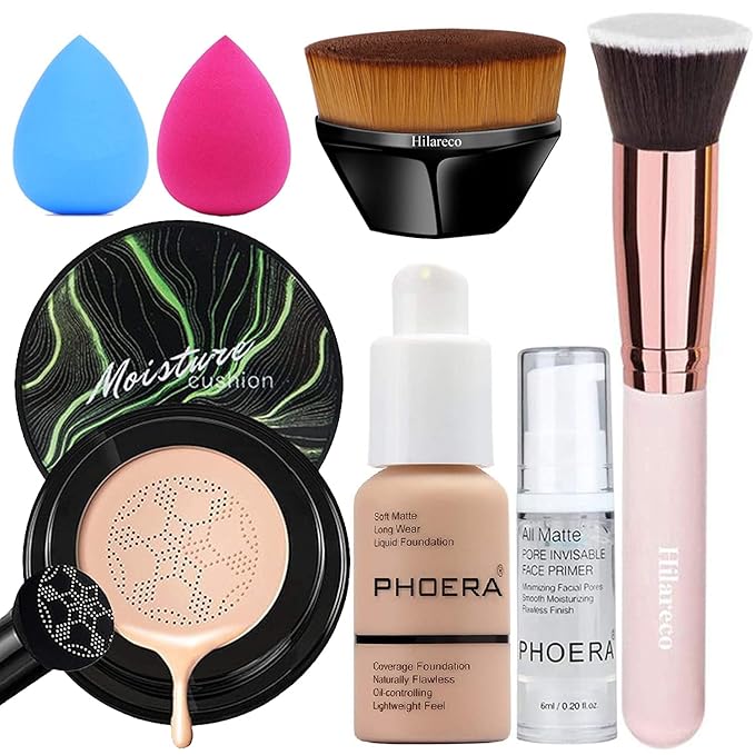 PHOERA Foundation,Mushroom Head Air Cushion CC Cream Natural Foundation,PHOERA Makeup Foundation Full Coverage,Phoera Face Primer, Foundation Brush (101 Porcelain+ 02Natural CC)