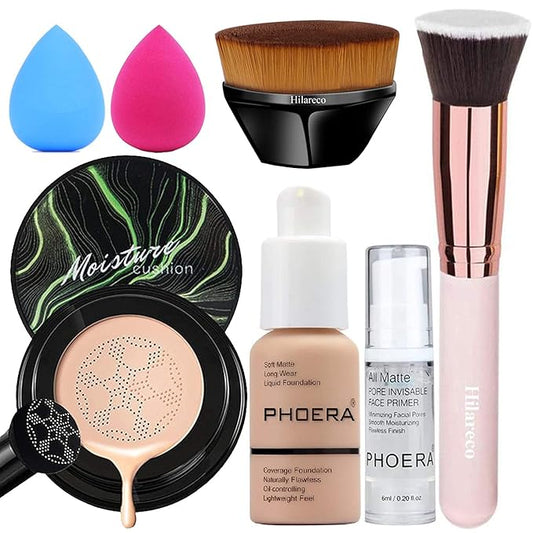 PHOERA Foundation,Mushroom Head Air Cushion CC Cream Natural Foundation,PHOERA Makeup Foundation Full Coverage,Phoera Face Primer, Foundation Brush (104 Buff Beige +04 Buff Beige CC)