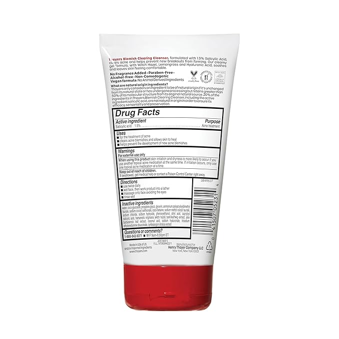 THAYERS Blemish Clearing Face Cleanser with 1.5% Salicylic Acid, Acne Treatment Face Wash, Soothing and Non-Stripping Skin Care, 4.4 Fl Oz