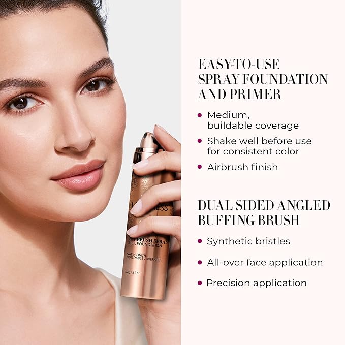 LUMINESS Airbrush Spray Silk Foundation Starter Kit - Deep Dark - Foundation, Primer & Dual-Sided Angled Buffing Brush - Medium, Buildable Coverage, Anti-Aging Formula Hydrates & Moisturizes