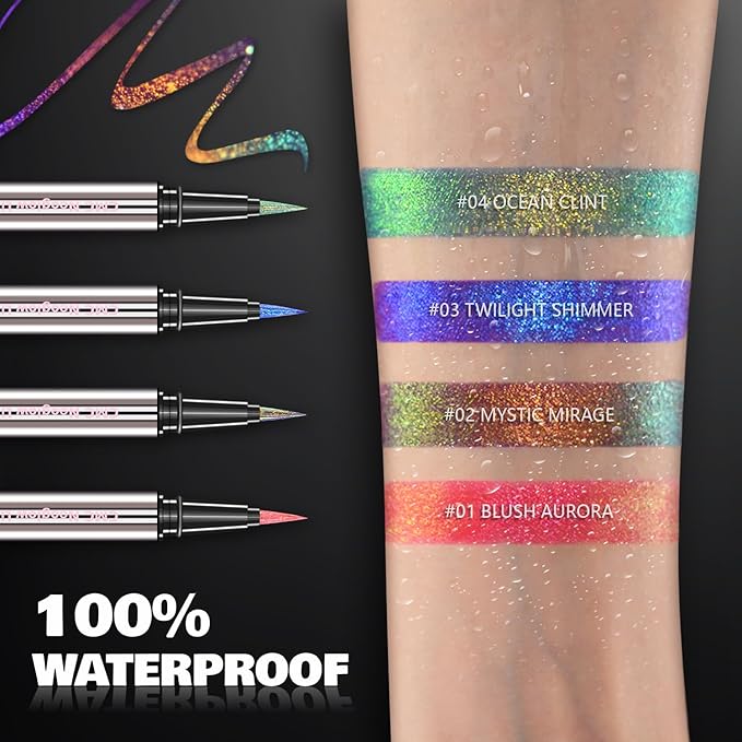 CHARMACY Chameleon Liquid Eyeliner, Liquid Glitter Eyeliner, Highly Pigmented, Metallic MultiColor Shifting waterproof Eyeliner, Ultra-Fine Tip, Longwearing, Smudge-proof (A02 Mystic Mirage)