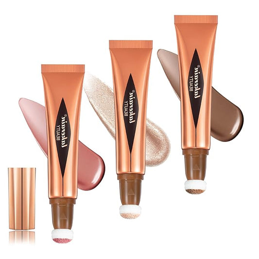 3 Pcs YU KUI LX Liquid Beauty Stick, Highlighter Makeup, Blush Stick, Liquid Highlighter, Contour StickMultifunctional Beauty Stick，Beauty Cream With Cushion Applicator (01#+03#+05#)