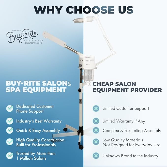 Buy-Rite 2-in-1 Marie Ozone Facial Steamer, 5 Diopter Magnifying Lamp, Fully Adjustable Height, 360' Swivel, Timer and Automatic Shut-Off, Large Star Base with Wheels, MEI-2001A