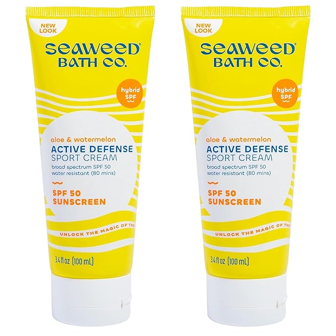 Seaweed Bath Co. Active Defense SPF 50 Sport Broad Spectrum Hybrid Sunscreen Cream, 3.4 Ounce (Pack of 2), Sustainably Harvested Seaweed, Aloe, Watermelon