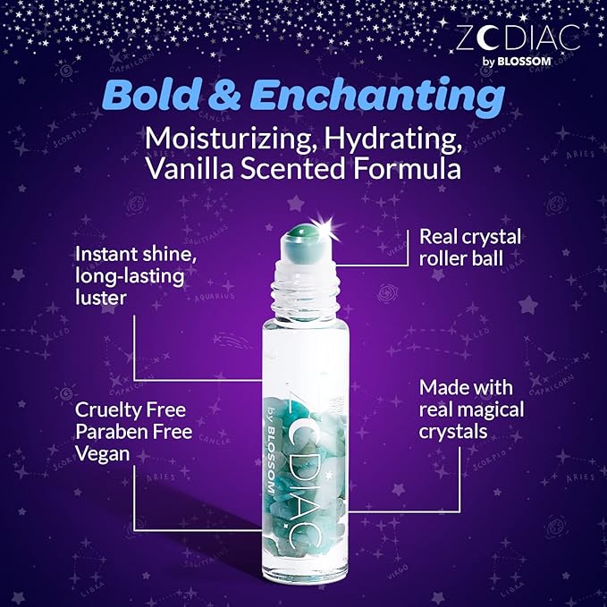 Blossom Zodiac Sign Vanilla Scented Moisturizing Roll-On Lip Gloss with Crystals + pH Technology Color Changing Crystal Strawberry Scented Lip Balm, 2 Pack Bundle, Pisces/Turquoise